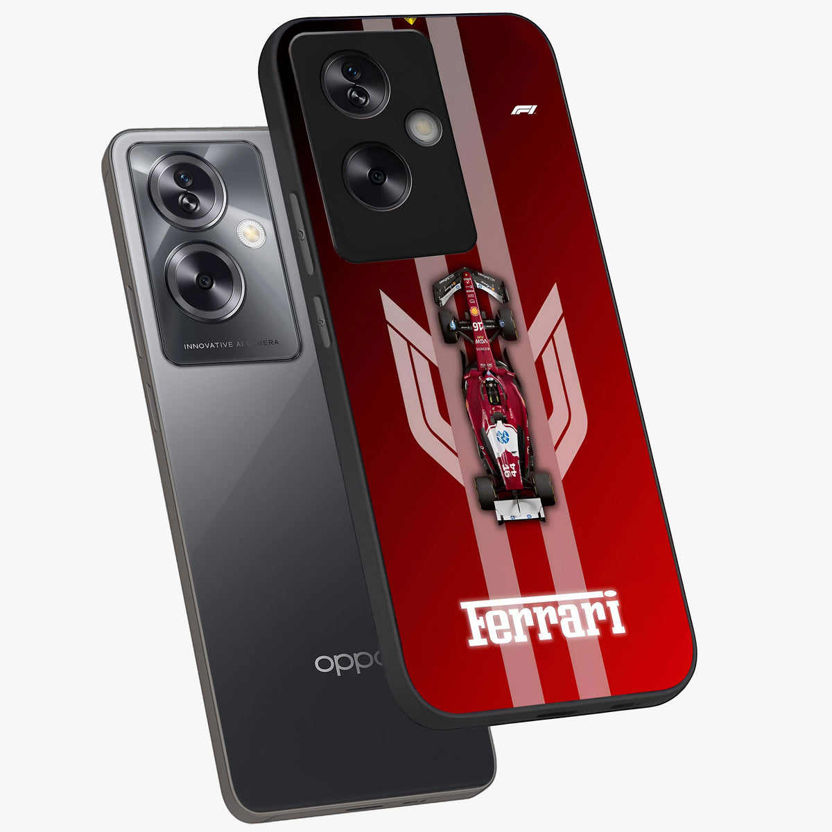 Red Ferrari F1 Vertical Glass Case displayed in angled mockup highlighting high speed racing design with bold automotive aesthetic.