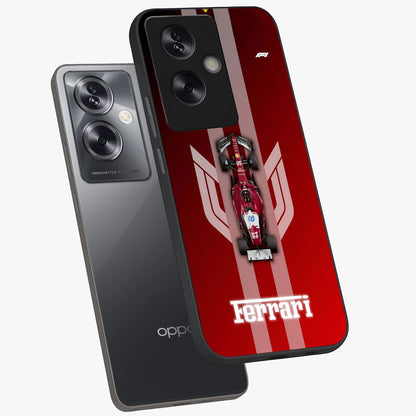 Red Ferrari F1 Vertical Glass Case displayed in angled mockup highlighting high speed racing design with bold automotive aesthetic.