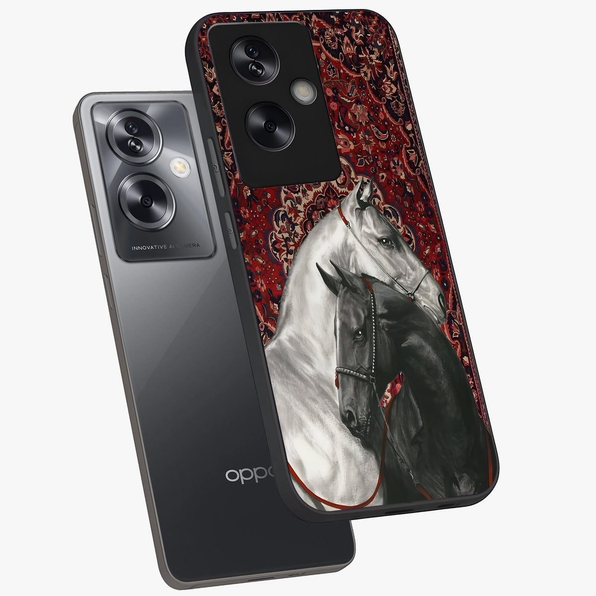 Regal Stallion Tapestry Glass Case displayed in angled mockup highlighting royal stallion design with decorative heritage aesthetic.