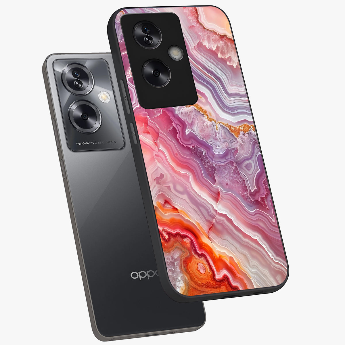 Rose Quartz Marble Glass Case displayed in angled mockup highlighting elegant marble pattern with soft aesthetic style.