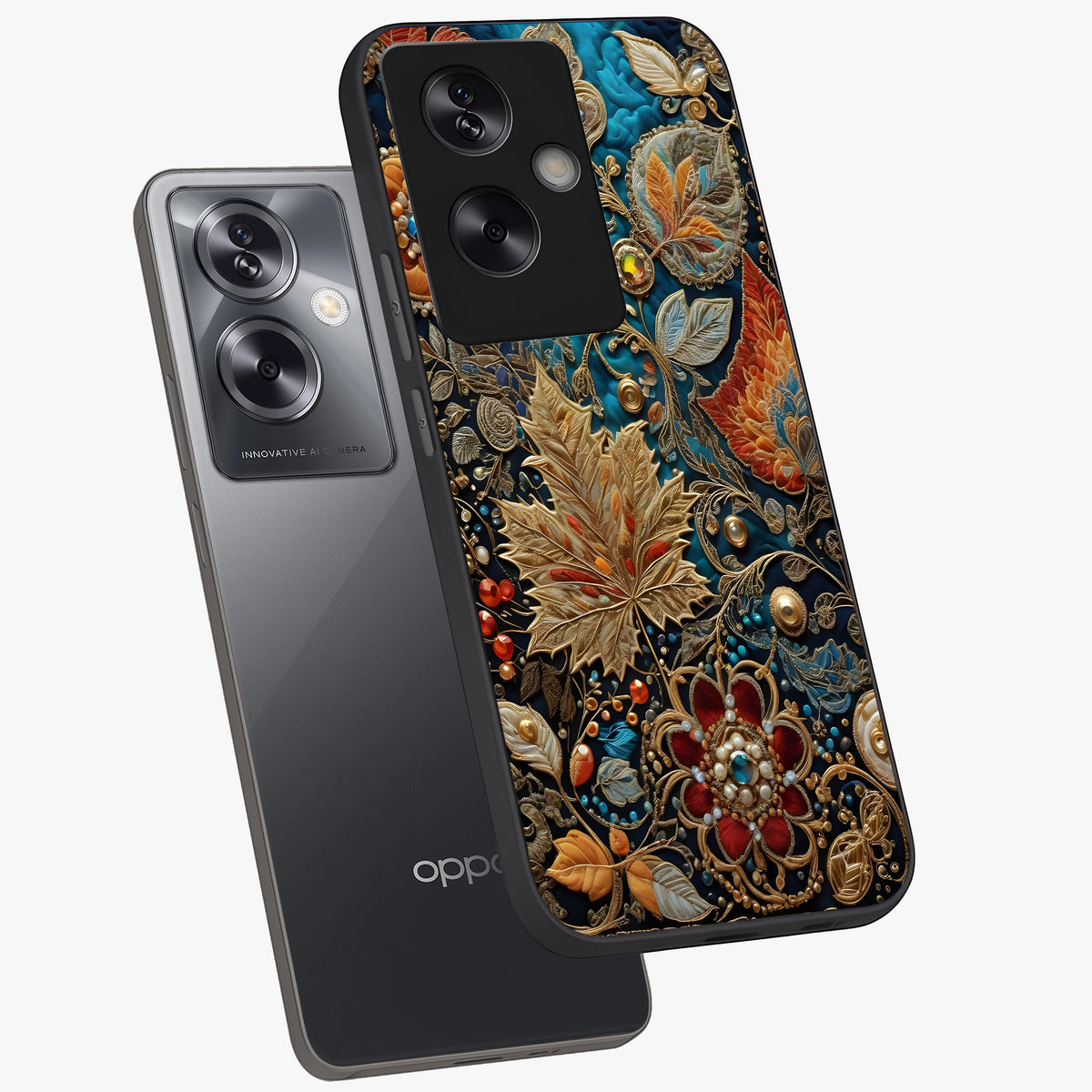 Royal Jewel Garden Glass Case displayed in angled mockup highlighting vibrant jewel inspired floral design with elegant aesthetic.