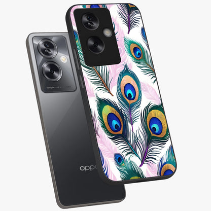 Royal Peacock Feathers Glass Case displayed in angled mockup highlighting vibrant feather pattern with regal aesthetic style.