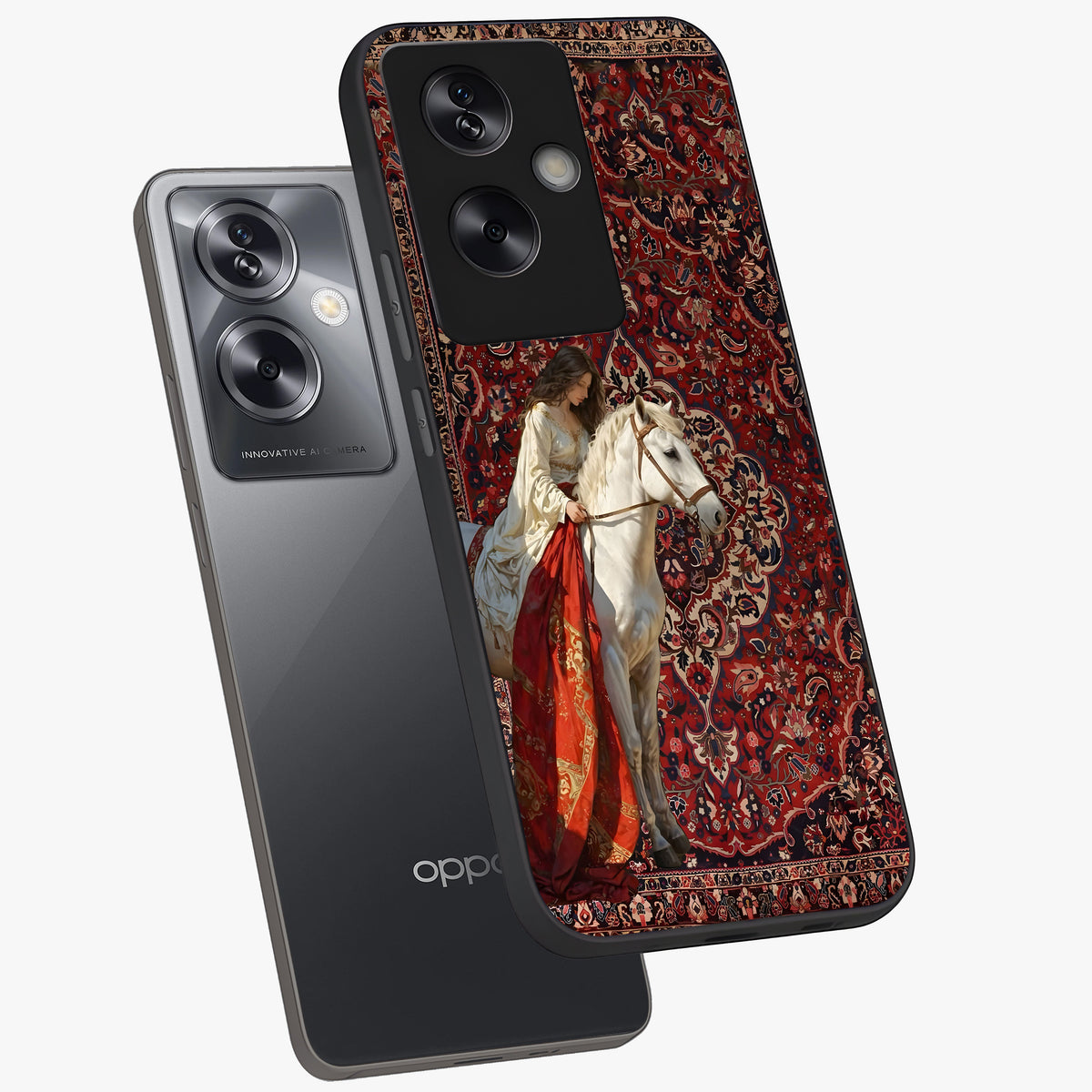 Royal Rider Tapestry Glass Case displayed in angled mockup highlighting traditional tapestry design with royal heritage aesthetic.