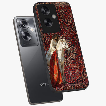 Royal Rider Tapestry Glass Case displayed in angled mockup highlighting traditional tapestry design with royal heritage aesthetic.