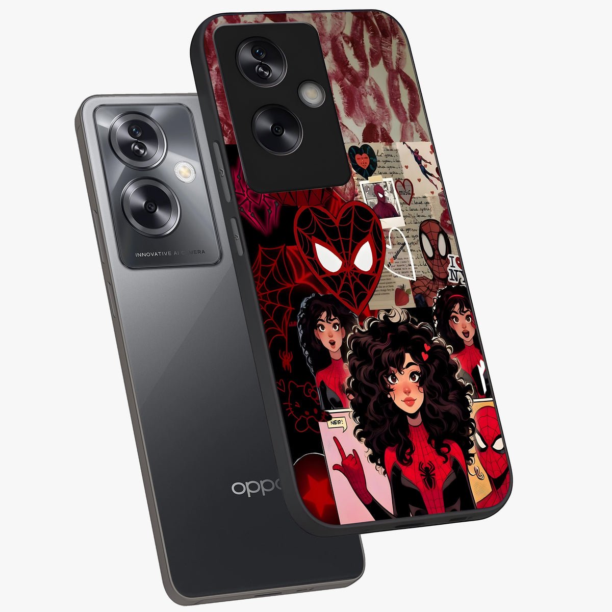 Spider Love Story Glass Case displayed in angled mockup highlighting expressive comic inspired design with playful aesthetic.