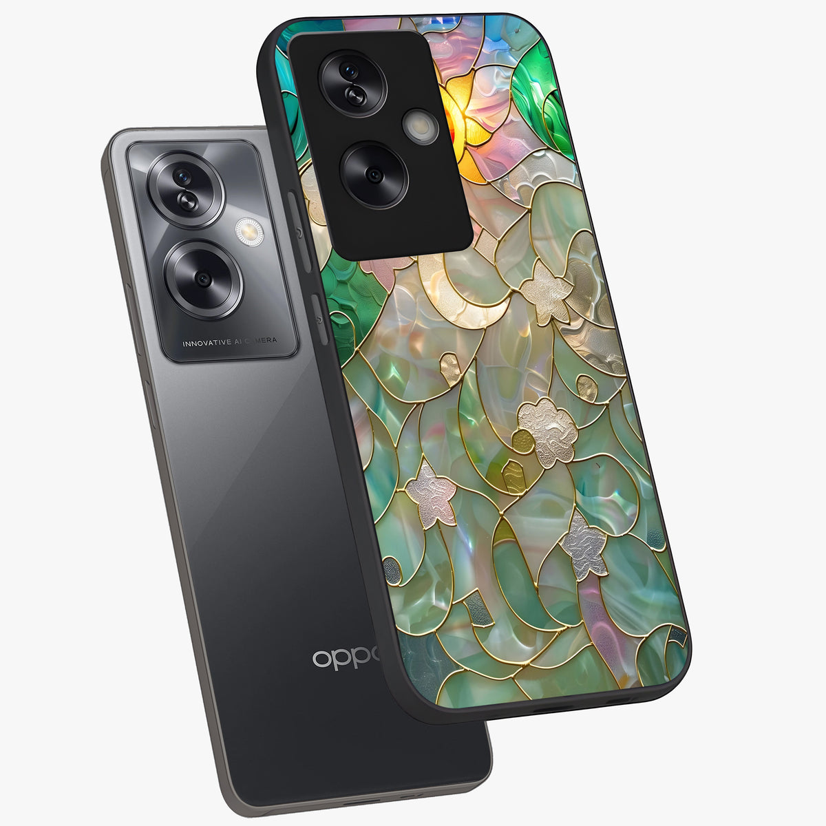 Stained Sunrise Glow Glass Case displayed in angled mockup highlighting radiant sunrise design with artistic aesthetic style.