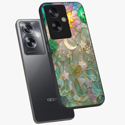 Stained Sunrise Glow Glass Case displayed in angled mockup highlighting radiant sunrise design with artistic aesthetic style.