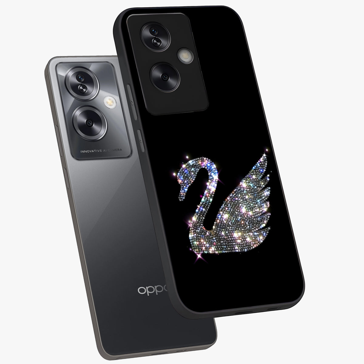 Starlit Swan Grace Glass Case displayed in angled mockup highlighting elegant swan illustration with dreamy celestial aesthetic.