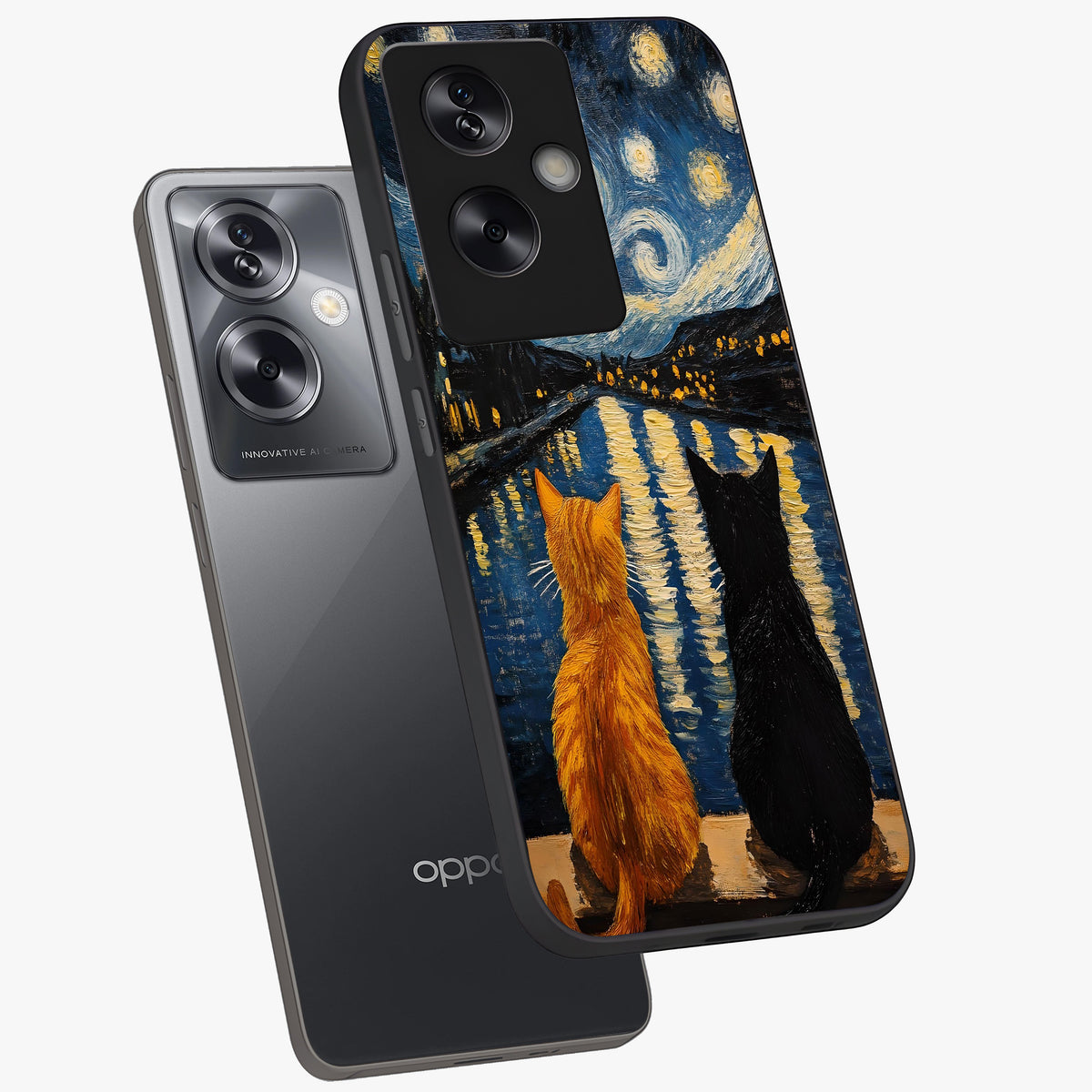 Starry River Cats Glass Case displayed in angled mockup highlighting charming feline illustration with dreamy night aesthetic.