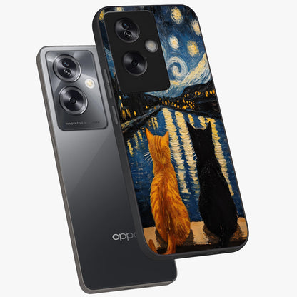 Starry River Cats Glass Case displayed in angled mockup highlighting charming feline illustration with dreamy night aesthetic.
