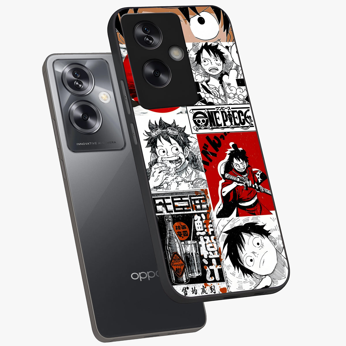 Strawhat Chaos Panels Glass Case displayed in angled mockup highlighting vibrant anime collage design with action aesthetic.