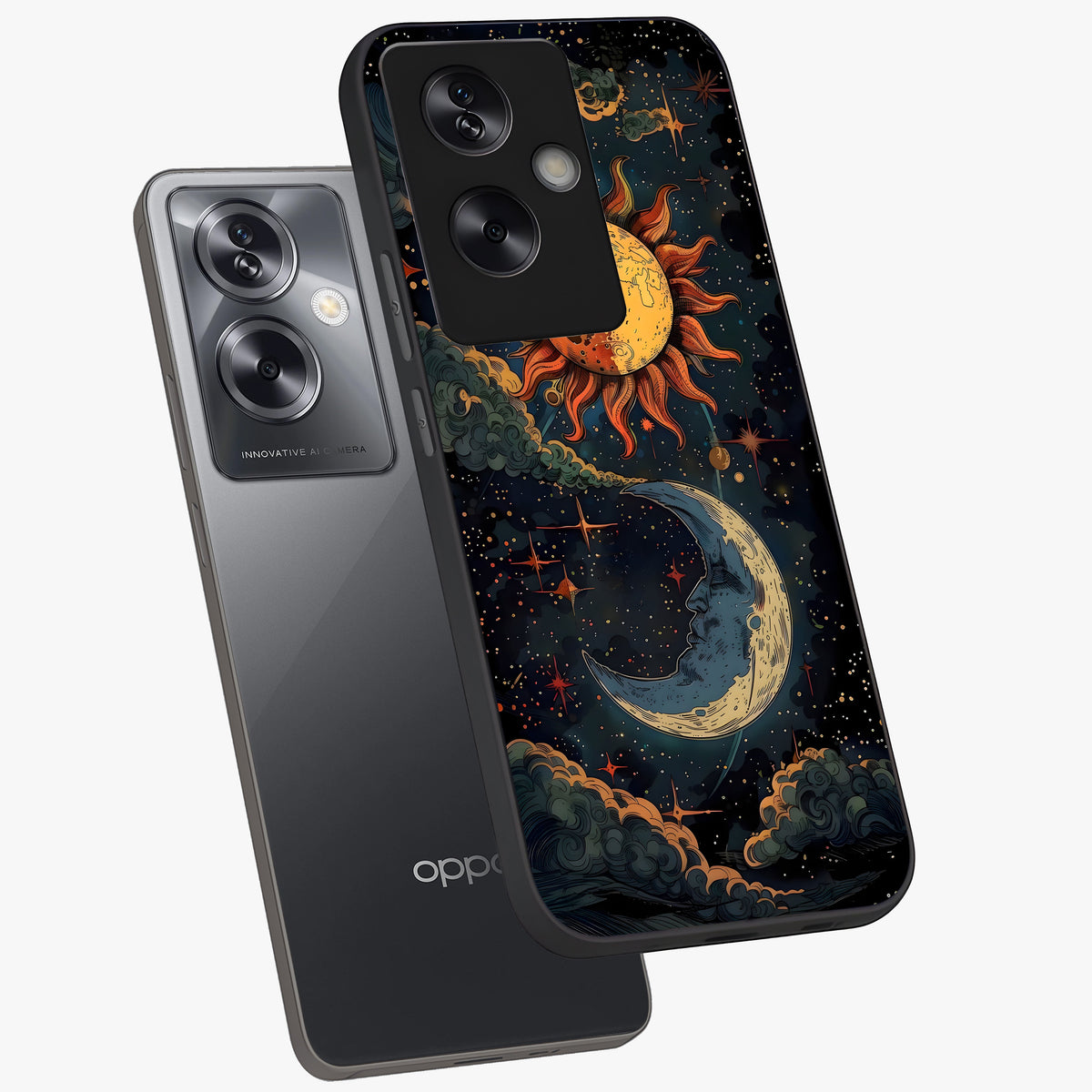 Sun And Moon Magic Design Glass Case displayed in angled mockup highlighting celestial design with magical cosmic aesthetic.