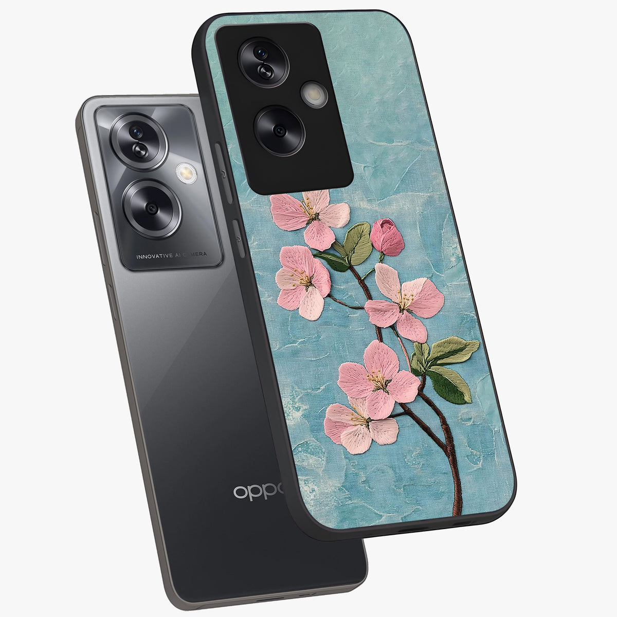 Threaded Blossom Breeze Glass Case displayed in angled mockup highlighting elegant floral design with soft aesthetic style.