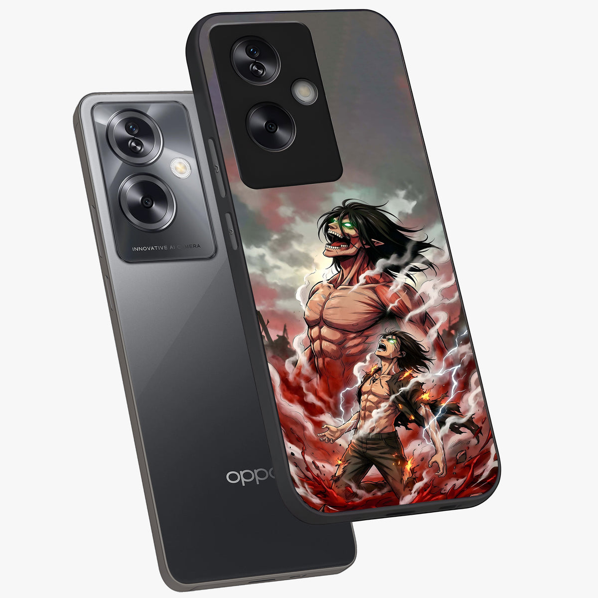 Titan Awakening Fury Glass Case displayed in angled mockup highlighting dramatic giant warrior design with bold anime aesthetic.