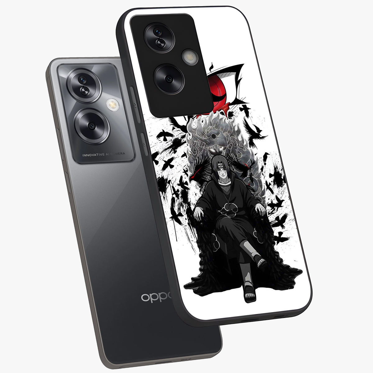 Uchiha Shadow Throne Glass Case displayed in angled mockup highlighting glowing aquatic design with celestial aesthetic.