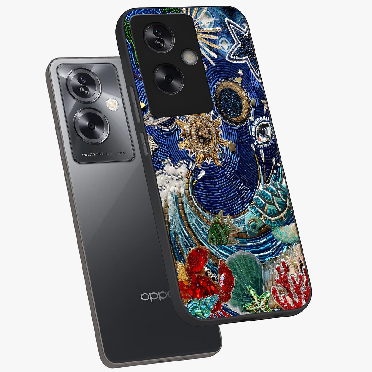 Universe Underwater Spark Glass Case displayed in angled mockup highlighting glowing aquatic design with celestial aesthetic.