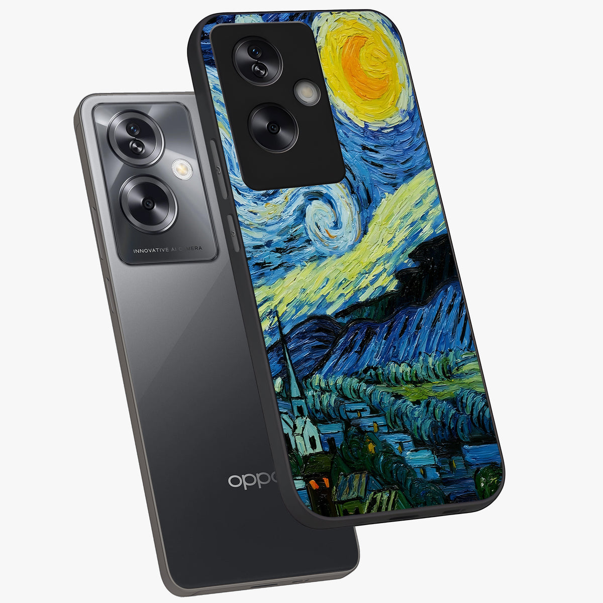 Van Gogh Art Glass Case displayed in angled mockup highlighting swirling brushstroke design with artistic aesthetic.