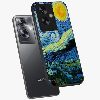 Van Gogh Art Glass Case displayed in angled mockup highlighting swirling brushstroke design with artistic aesthetic.