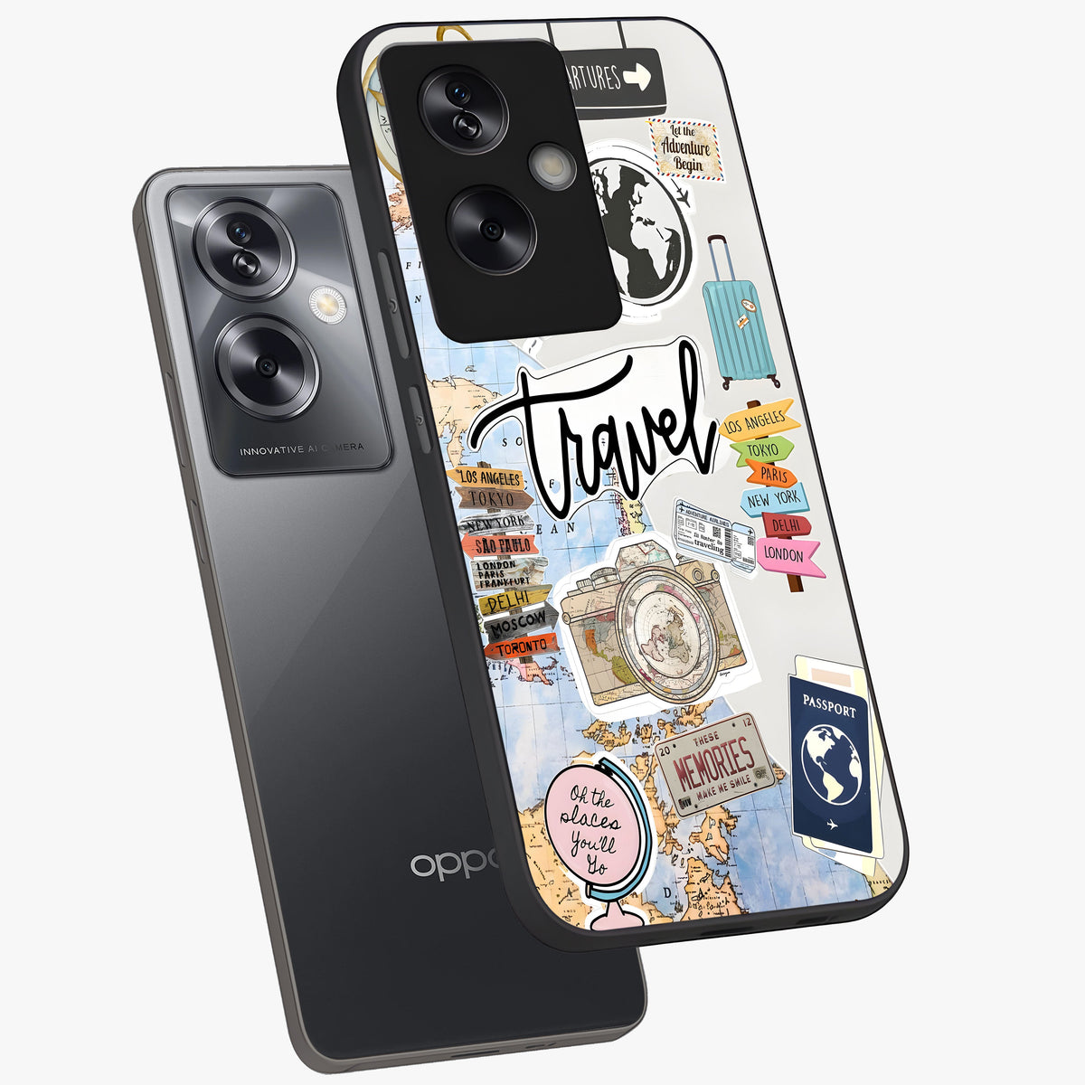 Wanderlust Journal Glass Case displayed in angled mockup highlighting adventure themed design with aesthetic travel vibe.