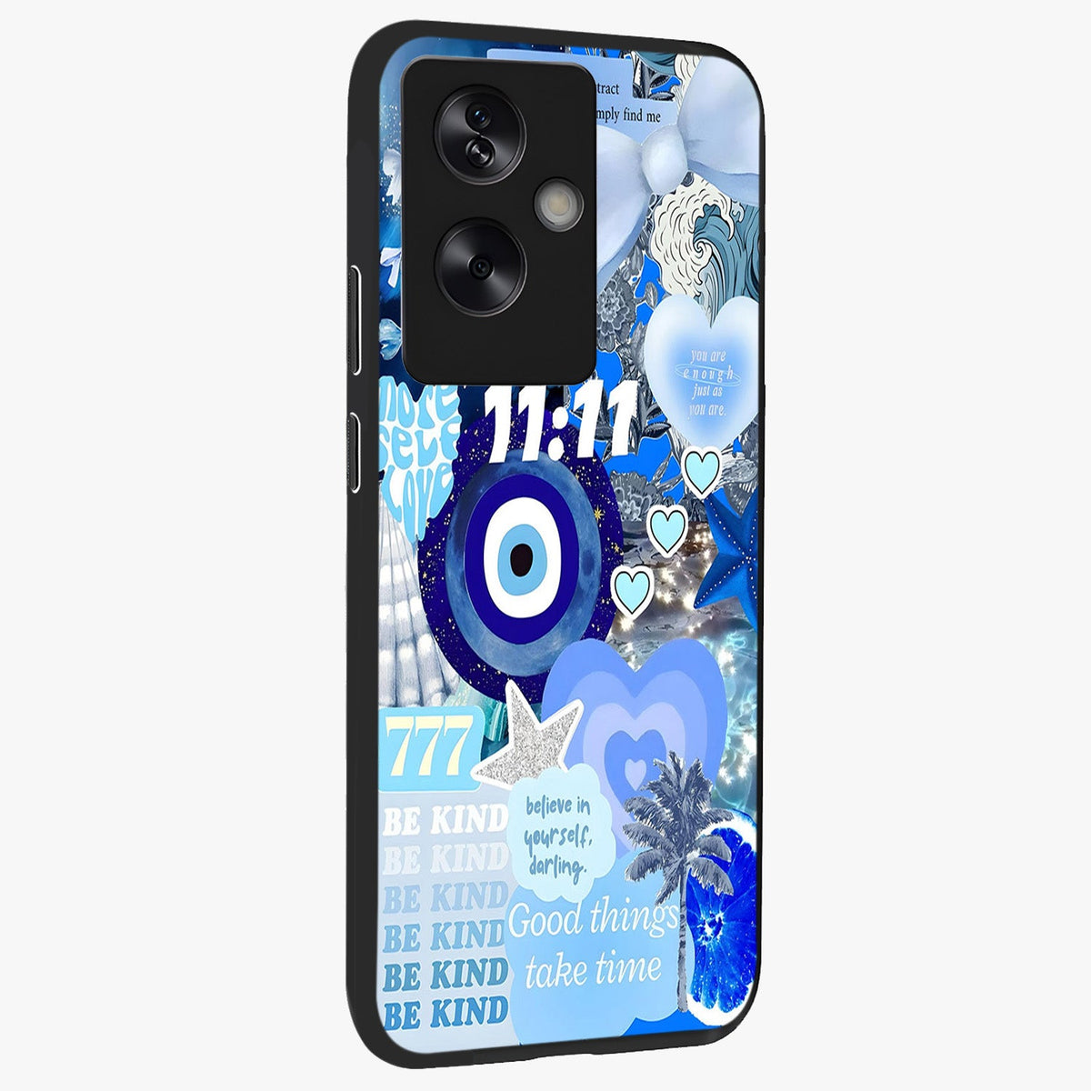 Aesthetic Be Kind Eye Glass Case upright view showcasing stylish eye illustration with positive message theme.