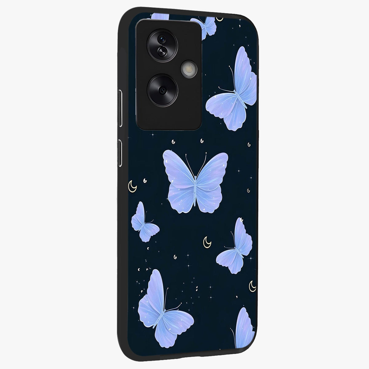 Butterfly With Stars Pattern Glass Case upright view showcasing celestial butterfly artwork with sparkling star elements.