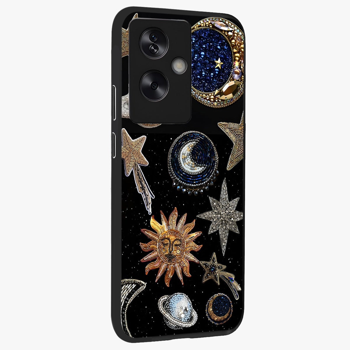 Celestial Gem Constellations Glass Case upright view showcasing cosmic constellation artwork with celestial aesthetic style.