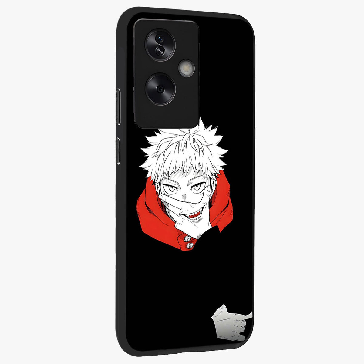 Crimson Chaos Smile Glass Case upright view showcasing expressive chaotic artwork with striking visual theme.