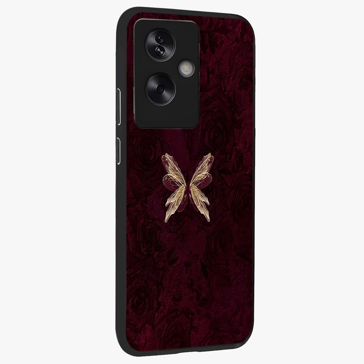 Crimson Fade Butterfly Glass Case upright view showcasing graceful butterfly artwork with soft crimson fade effect.