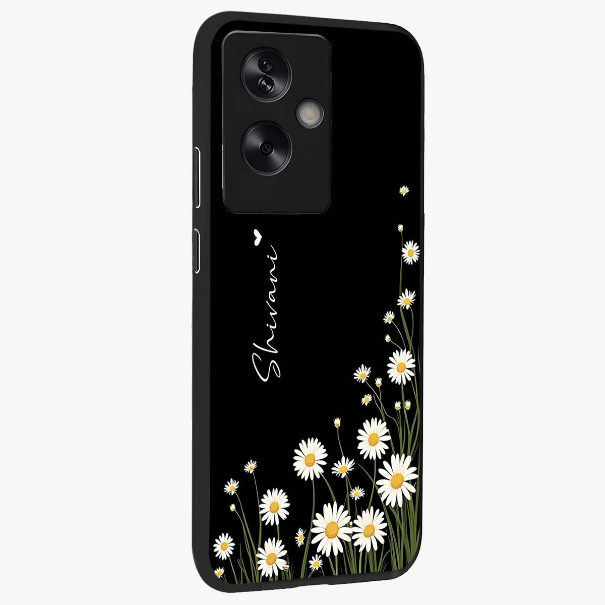 Daisy Cascade Custom Name Glass Case upright view showcasing elegant floral cascade design with personalized aesthetic.