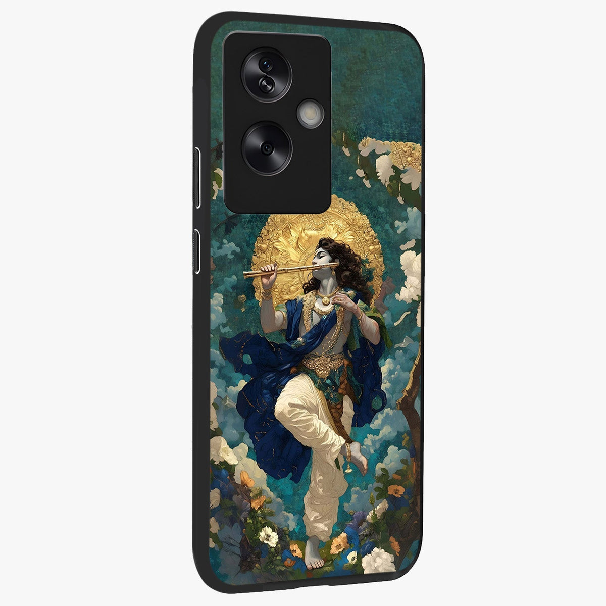 Divine Krishna Art Glass Case upright view showcasing divine Krishna artwork with sacred artistic theme.