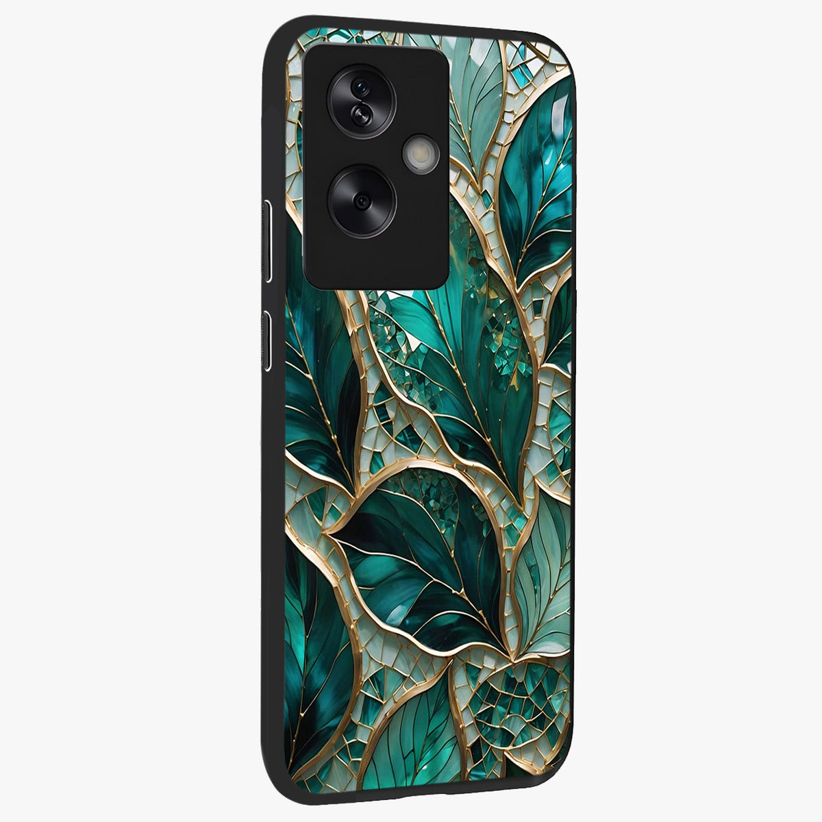 Emerald Leaf Glass Glass Case upright view showcasing fresh green leaf artwork with calming nature inspired style.