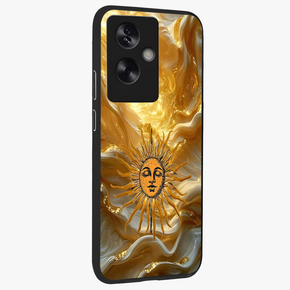 Eternal Golden Glow Glass Case upright view showcasing luminous golden artwork with luxurious visual theme.