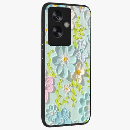 Frosted Petal Garden Glass Case upright view showcasing elegant floral garden artwork with soothing pastel theme.