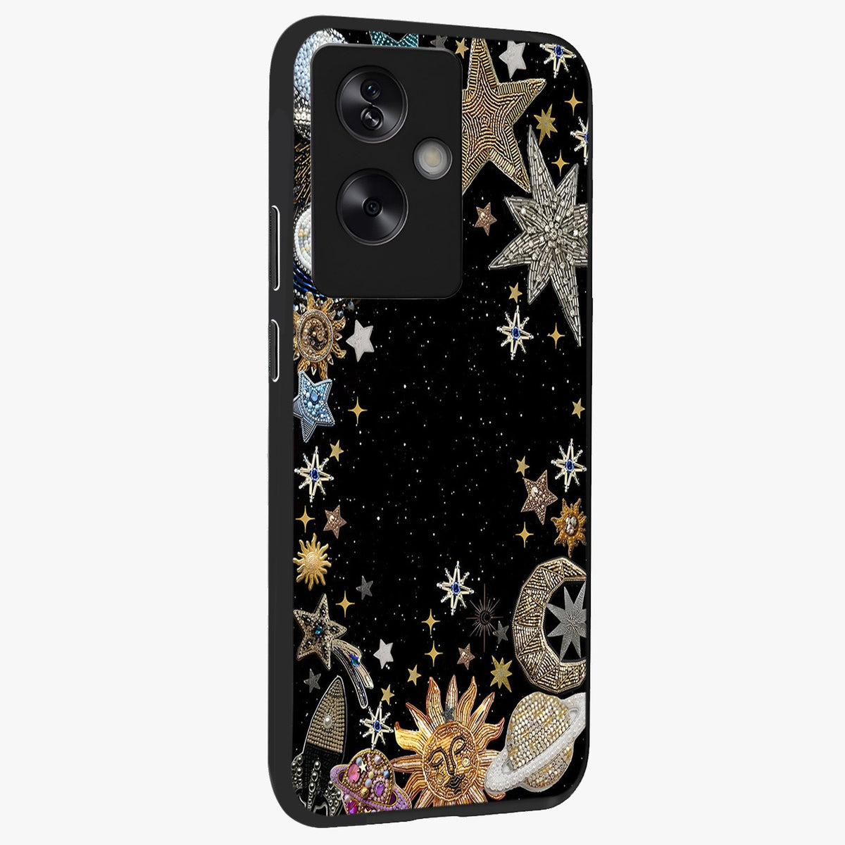 Galactic Jewel Stars Glass Case upright view showcasing glittering star jewel artwork with vibrant galaxy theme.