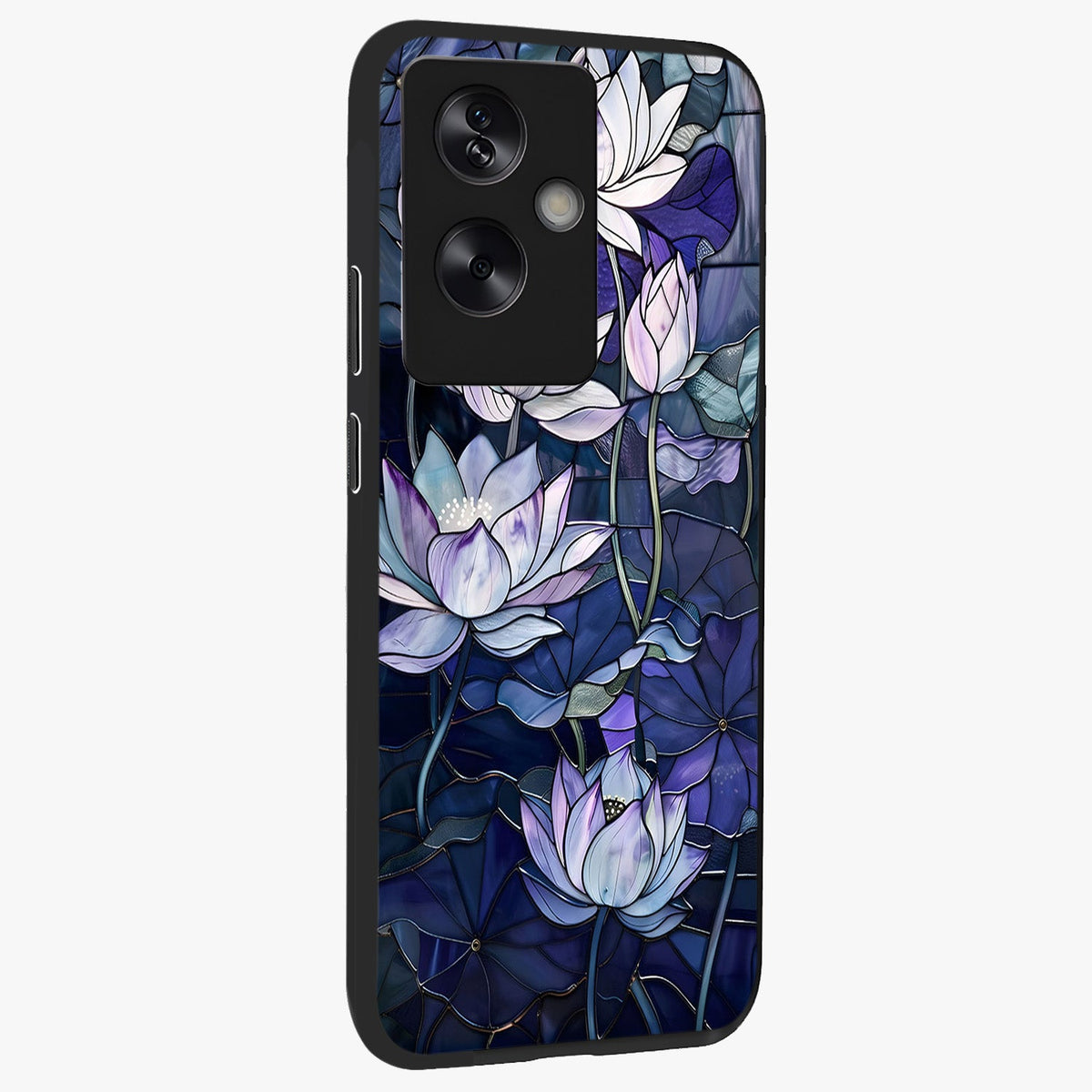 Gloss Petal Rush Glass Case upright view showcasing dynamic floral petal artwork with modern botanical theme.