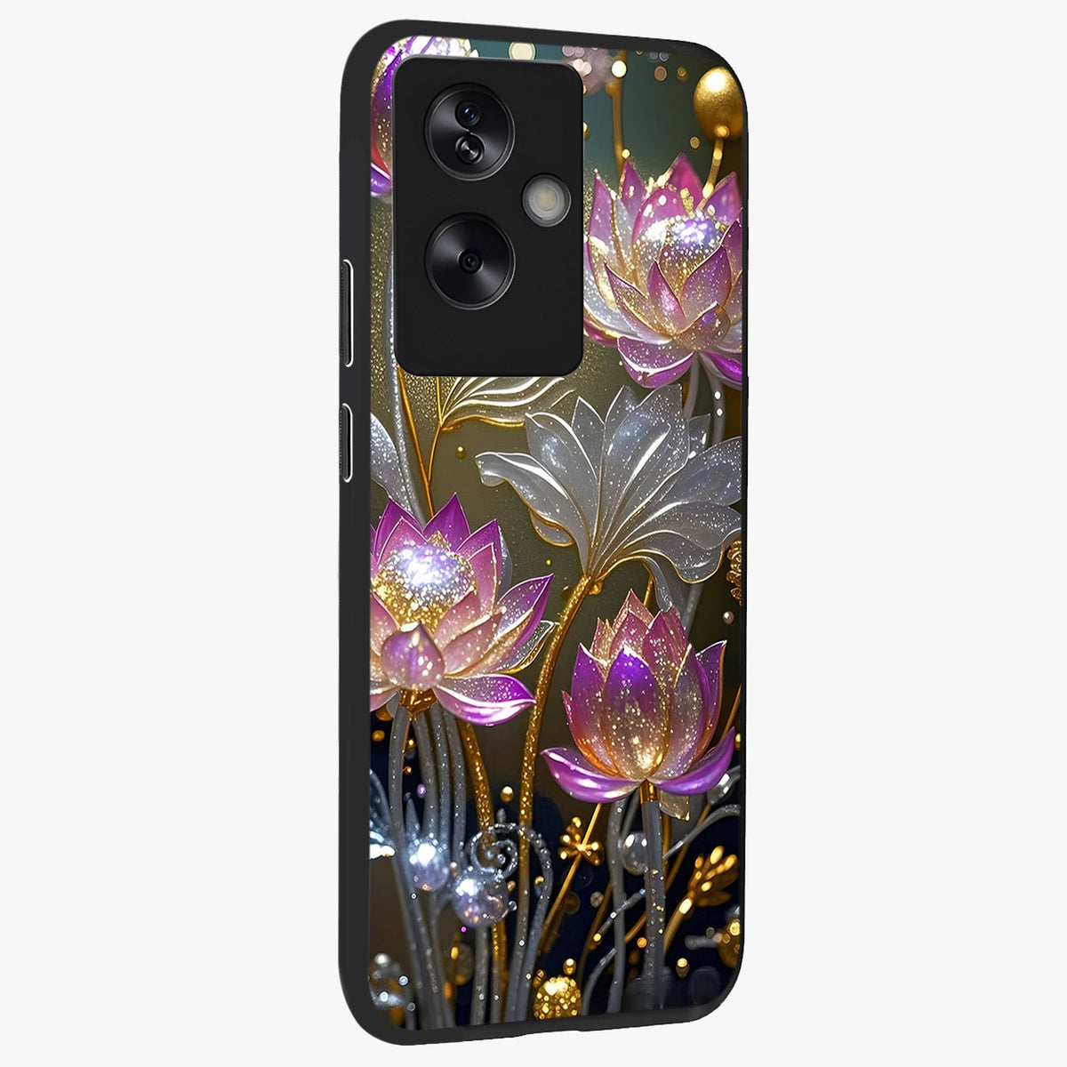 Golden Floral Majesty Glass Case upright view showcasing majestic floral artwork with rich decorative theme.