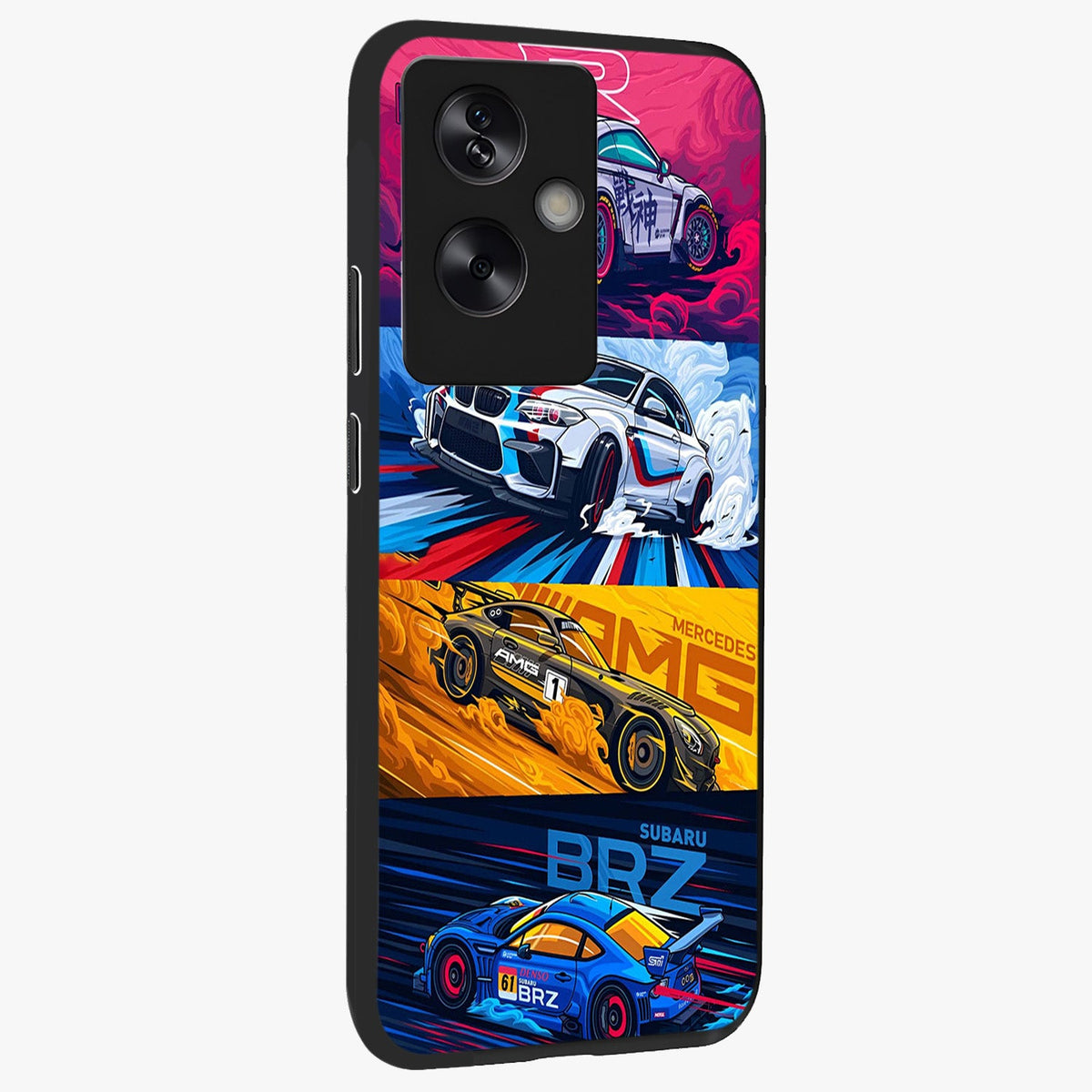 JDM Sports Car Glass Case upright view showcasing dynamic sports car artwork with bold racing theme.