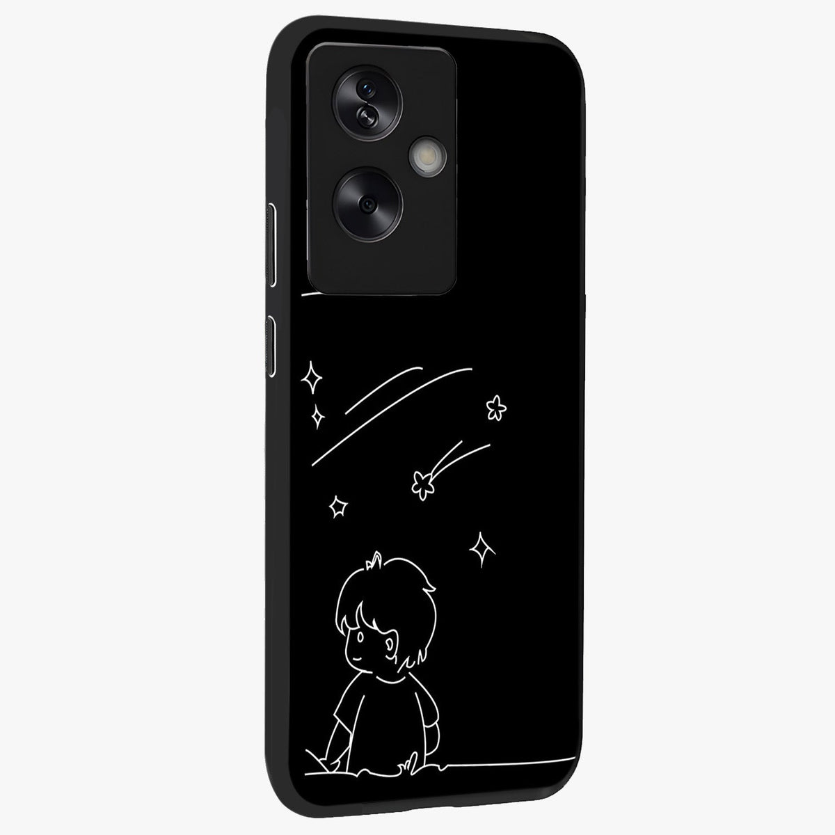 Line Art Boy With Shooting Stars Glass Case upright view showcasing artistic shooting star illustration with minimal style.