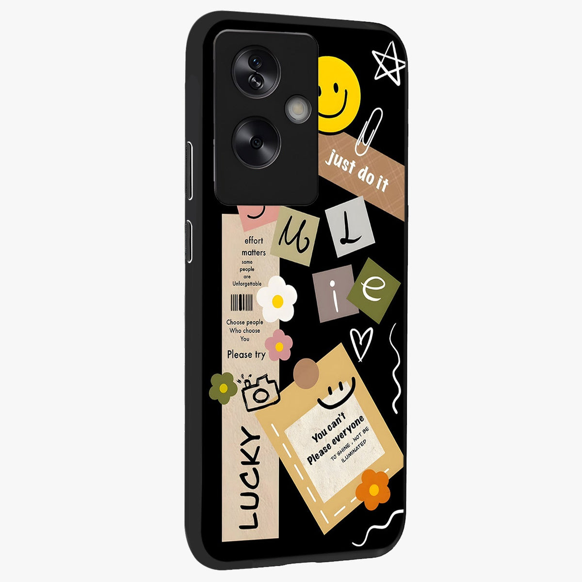 Lucky Aesthetic Collage Glass Case upright view showcasing vibrant collage artwork with youthful aesthetic theme.