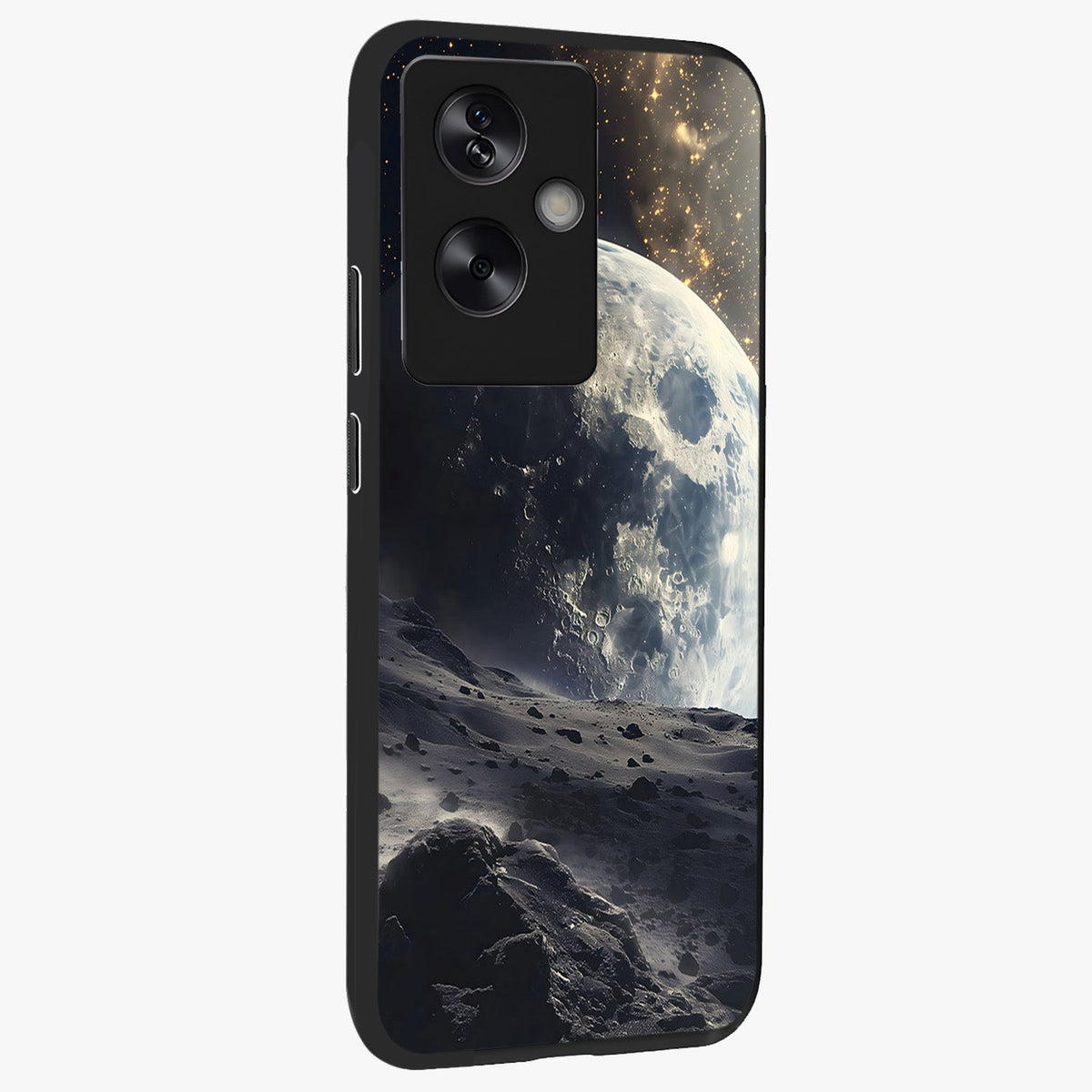 Lunar Horizon Glow Glass Case upright view showcasing radiant lunar artwork with calm cosmic theme.