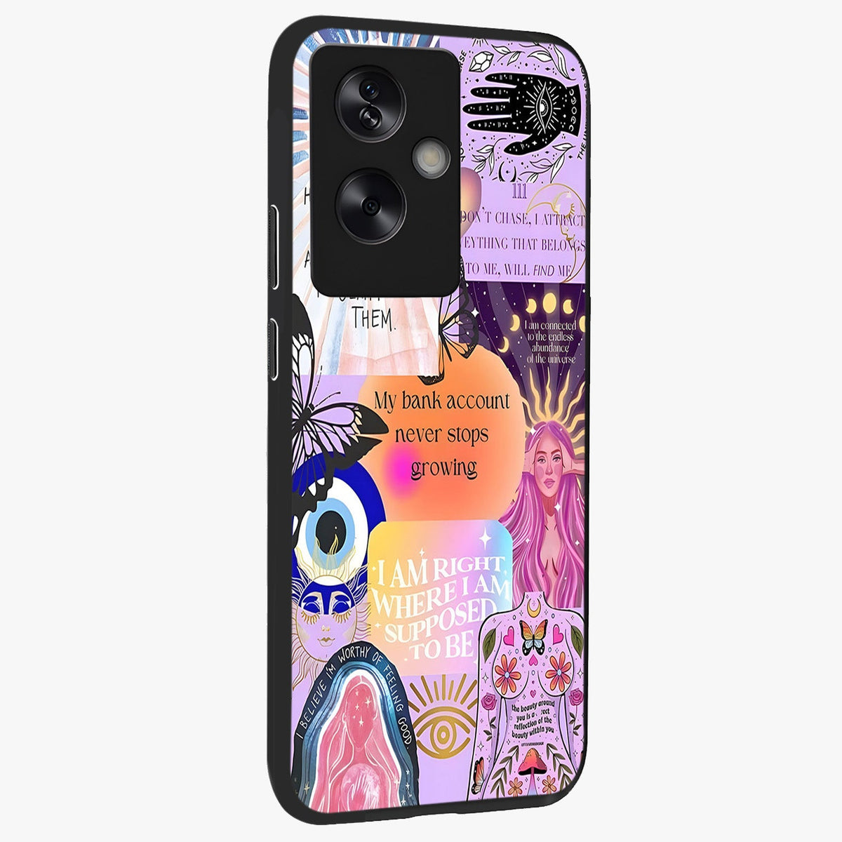 Manifestation Collage Glass Case upright view showcasing artistic manifestation themed artwork with creative style.