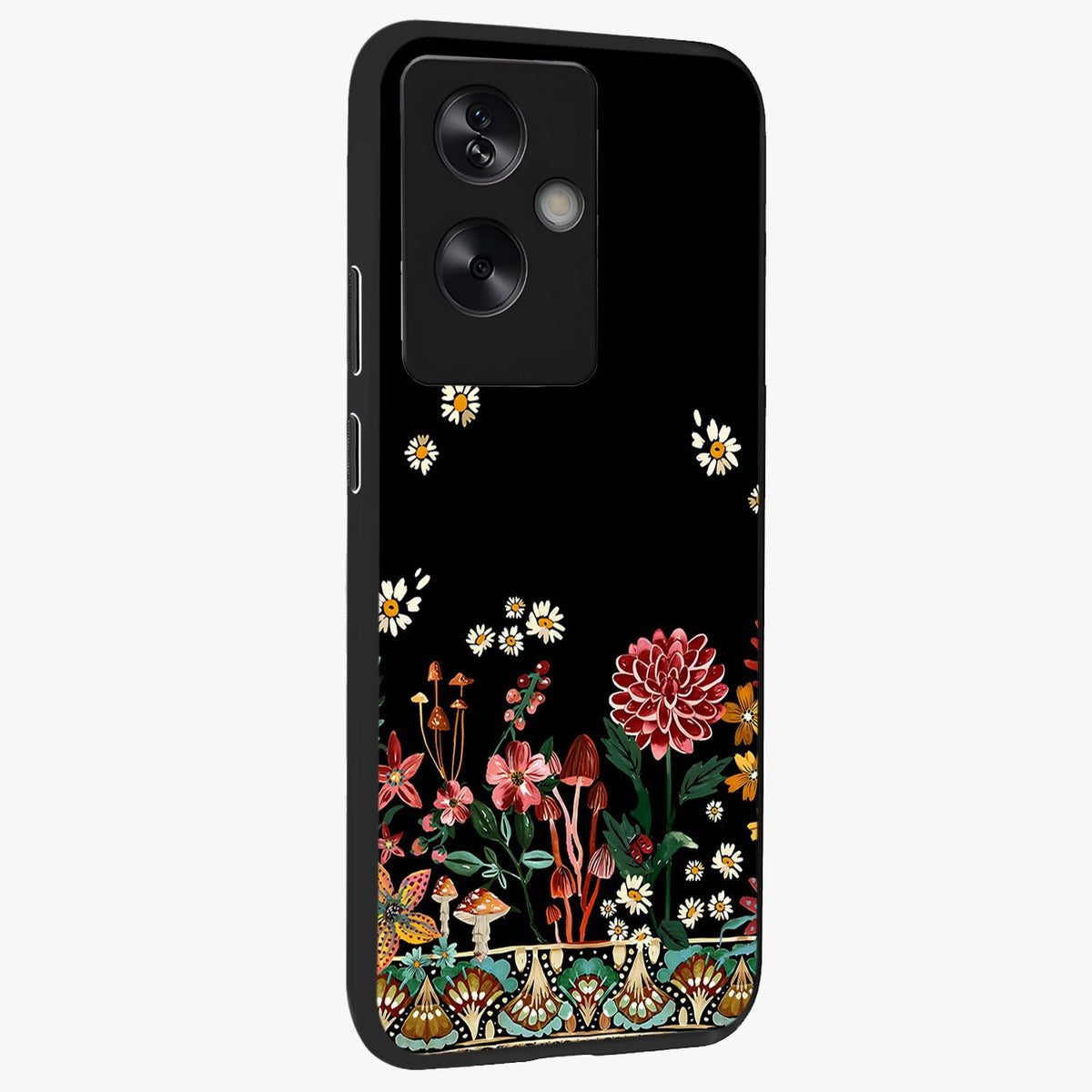 Midnight Bloom Pattern Glass Case upright view showcasing decorative floral artwork with deep night themed palette.