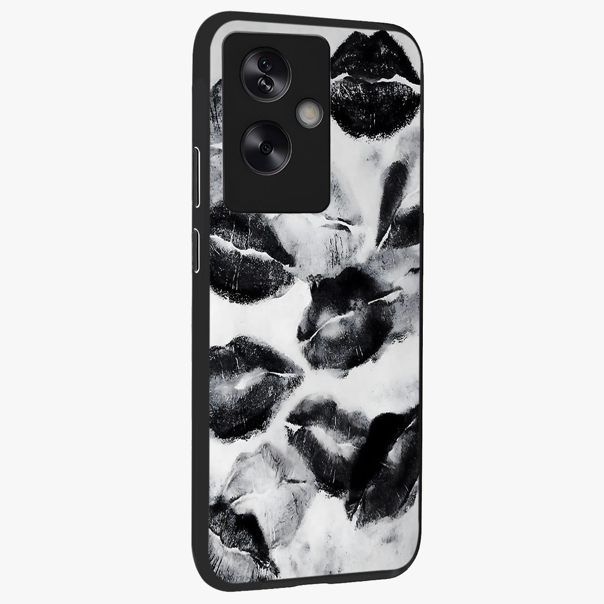 Midnight Kiss Marks Glass Case upright view showcasing stylish kiss mark artwork with trendy romantic theme.