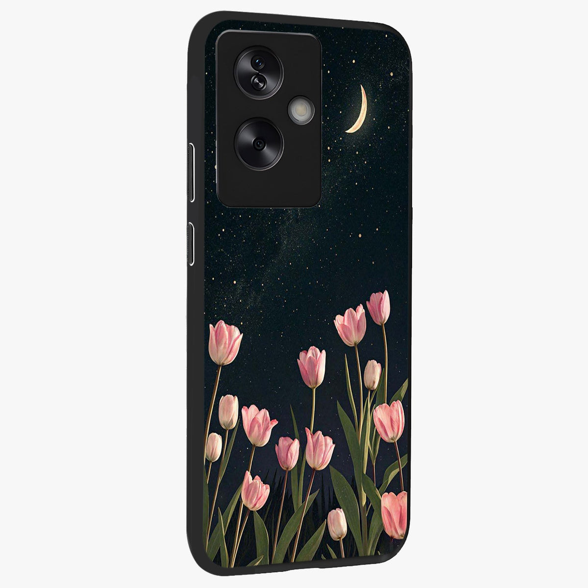 Midnight Tulip Whispers Vibe Glass Case upright view showcasing graceful tulip artwork with calm botanical theme.
