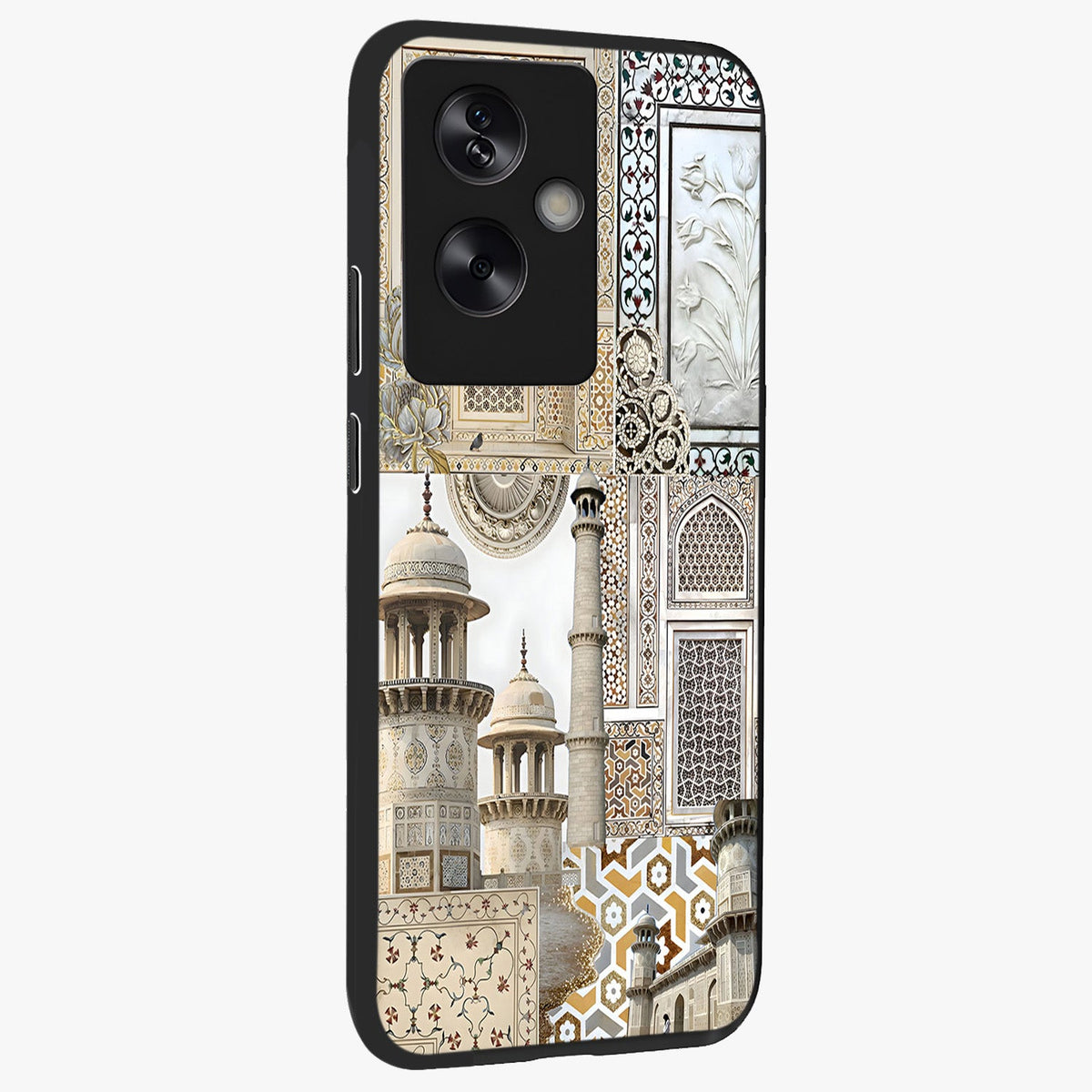 Mughal Marble Legacy Glass Case upright view showcasing ornate Mughal design with luxurious traditional theme.