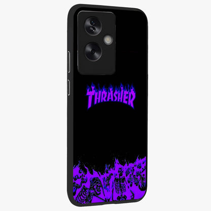 Neon Flame Riot Glass Case upright view showcasing dynamic flame artwork with energetic neon theme.