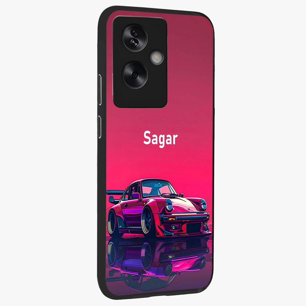 Neon Pink Porsche Glass Case upright view showcasing vibrant sports car artwork with bold automotive theme.