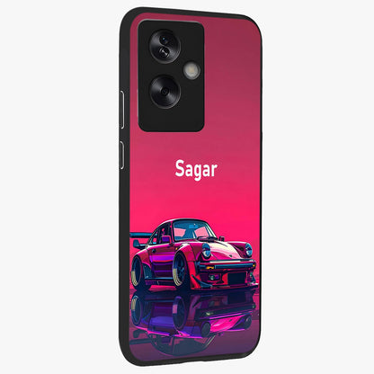 Neon Pink Porsche Glass Case upright view showcasing vibrant sports car artwork with bold automotive theme.