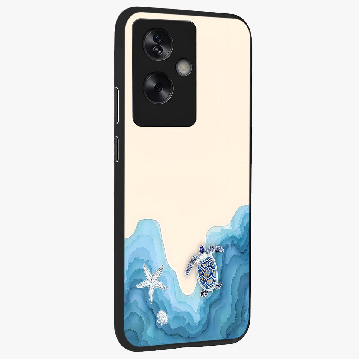 Ocean Drift Turtle Glass Case upright view showcasing calm underwater turtle artwork with nature inspired theme.