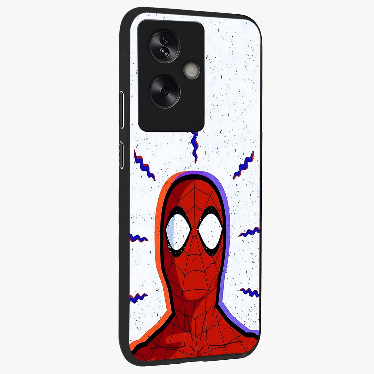 Omg Spiderman Glass Case upright view showcasing energetic superhero artwork with vibrant comic theme.